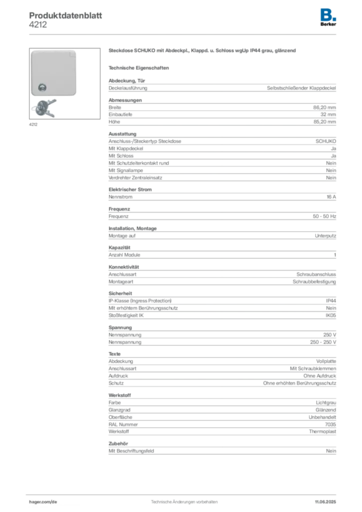 Bild Berker Produktdatenblatt 4212 | Hager Deutschland