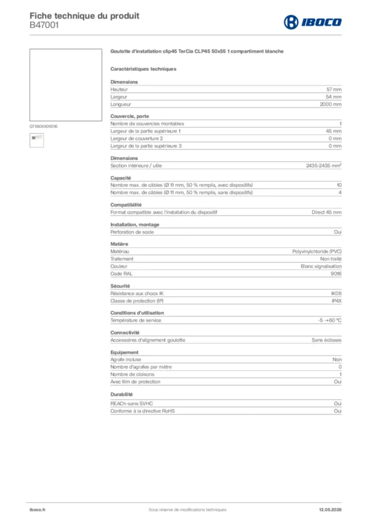 Image Iboco Fiche technique du produit B47001 | Hager France