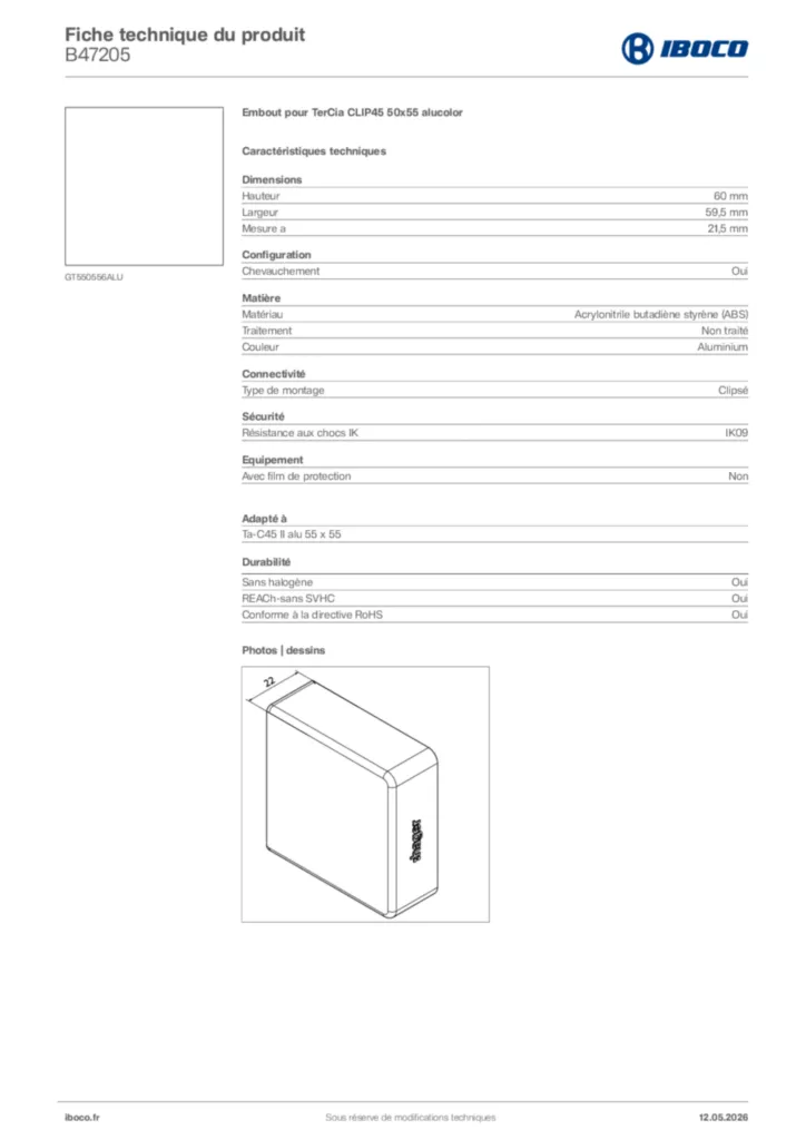 Image Iboco Fiche technique du produit B47205 | Hager France