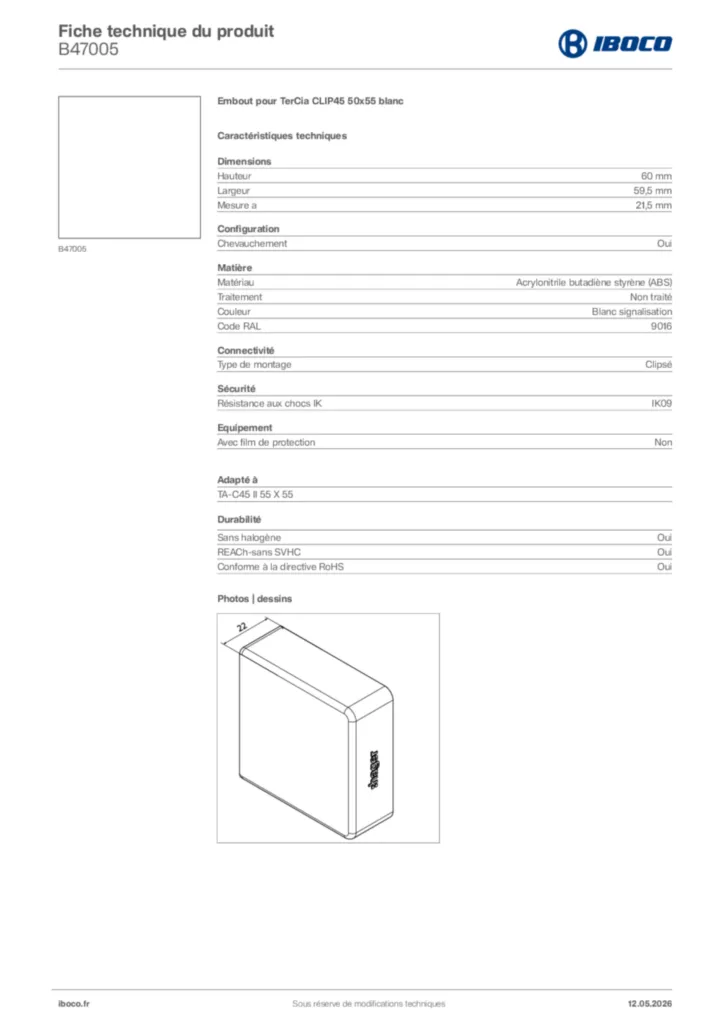 Image Iboco Fiche technique du produit B47005 | Hager France