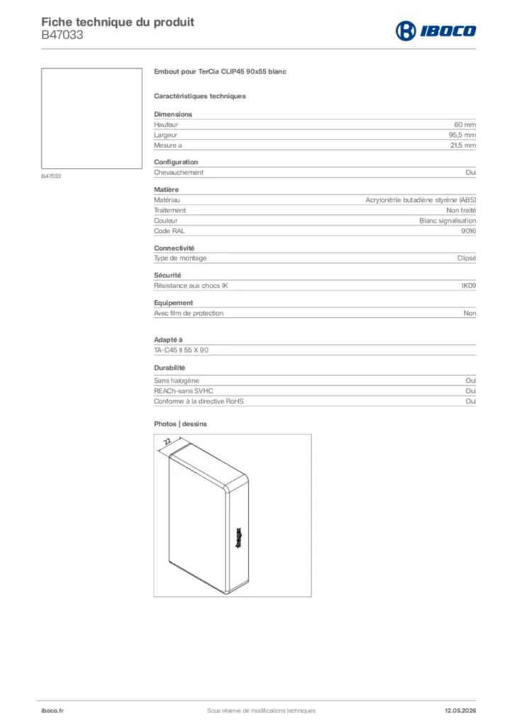 Image Iboco Fiche technique du produit B47033 | Hager France