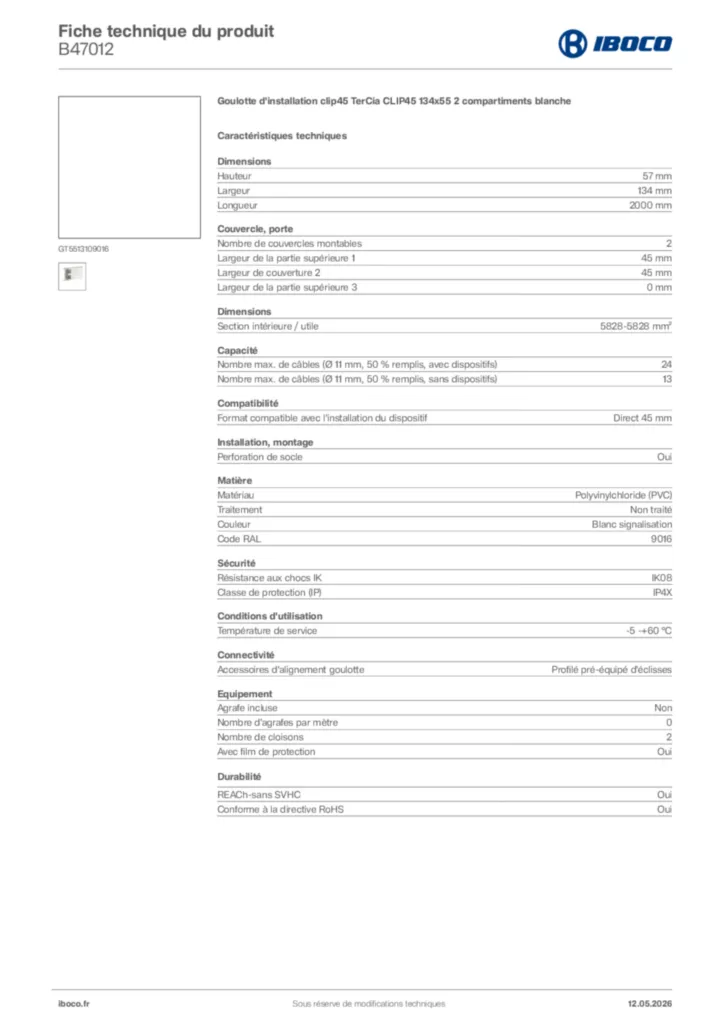 Image Iboco Fiche technique du produit B47012 | Hager France