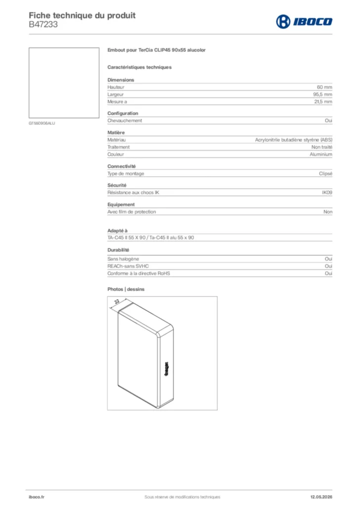 Image Iboco Fiche technique du produit B47233 | Hager France