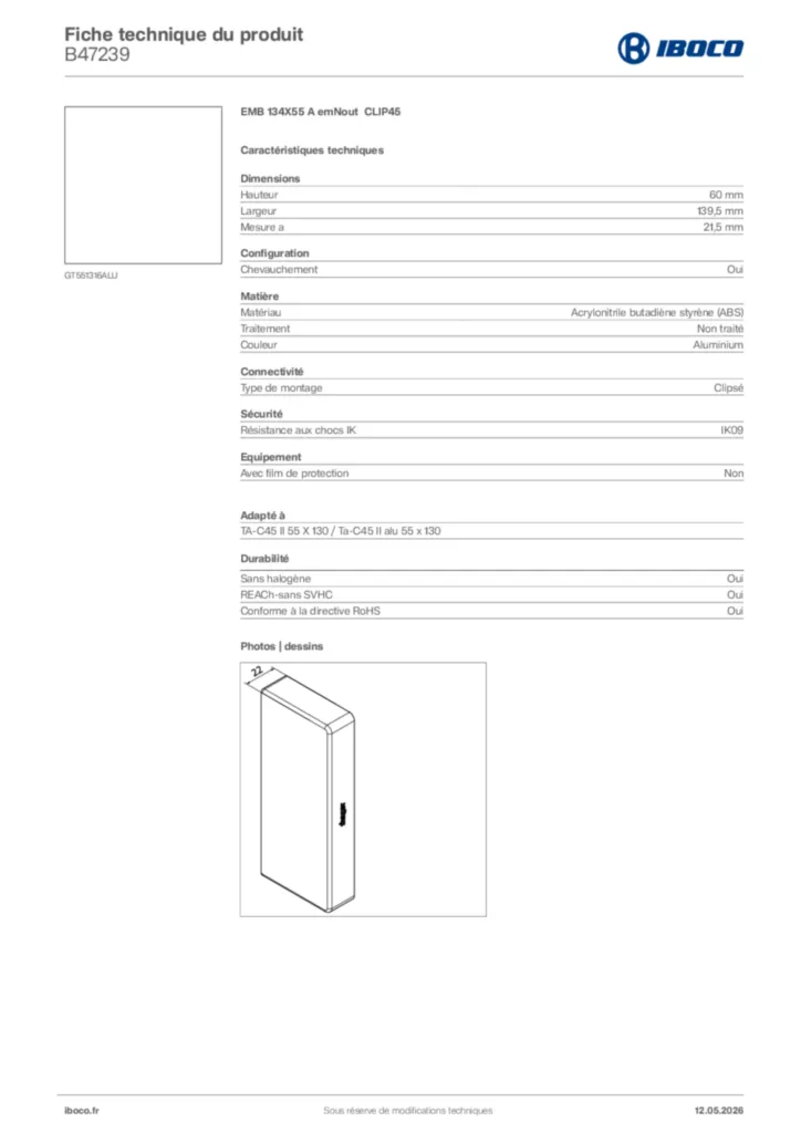 Image Iboco Fiche technique du produit B47239 | Hager France