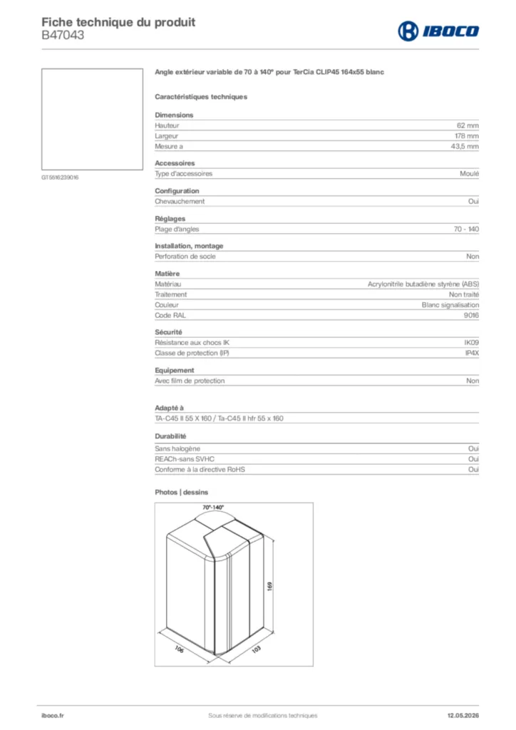 Image Iboco Fiche technique du produit B47043 | Hager France