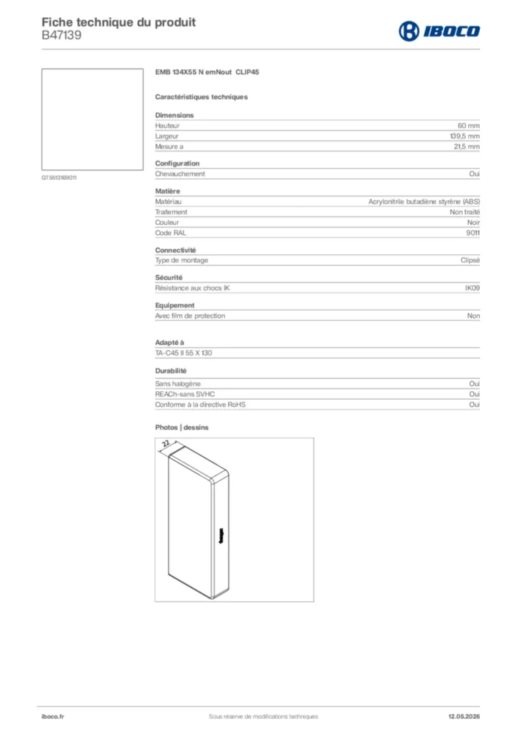 Image Iboco Fiche technique du produit B47139 | Hager France