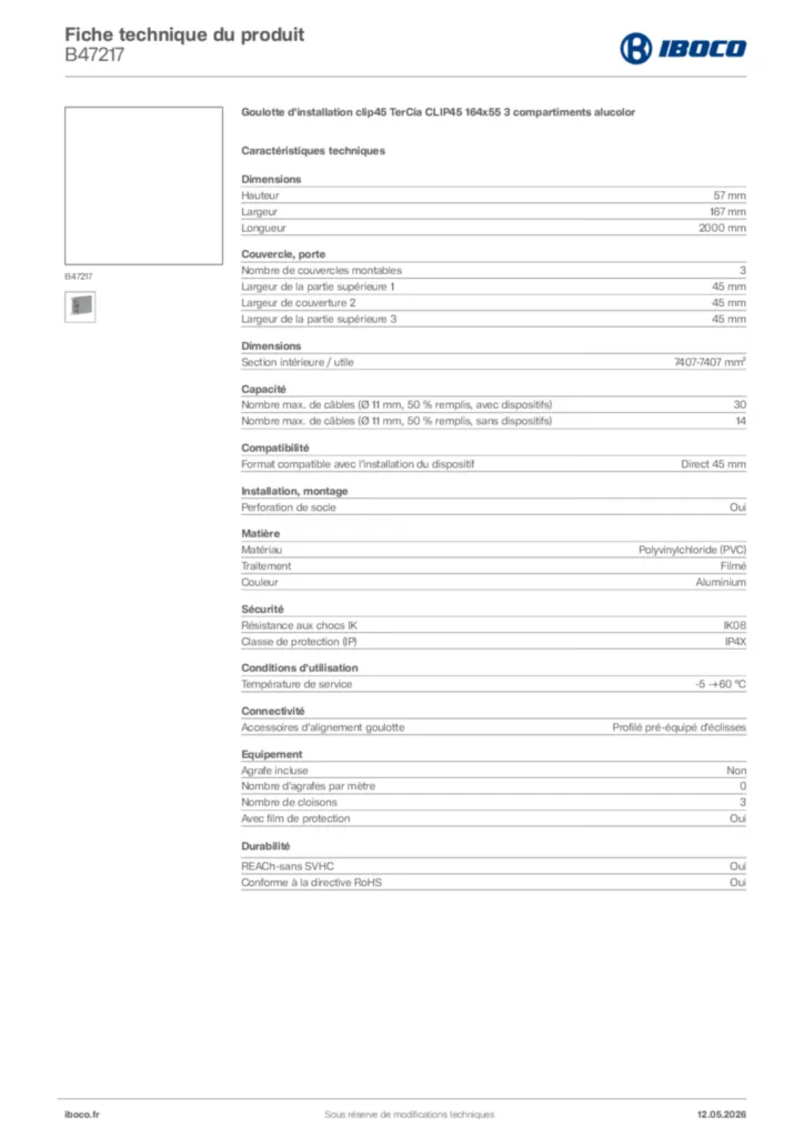 Image Iboco Fiche technique du produit B47217 | Hager France