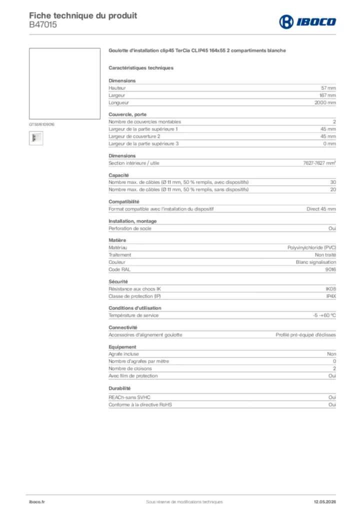 Image Iboco Fiche technique du produit B47015 | Hager France