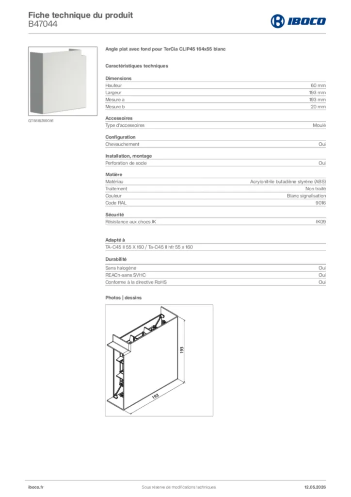 Image Iboco Fiche technique du produit B47044 | Hager France
