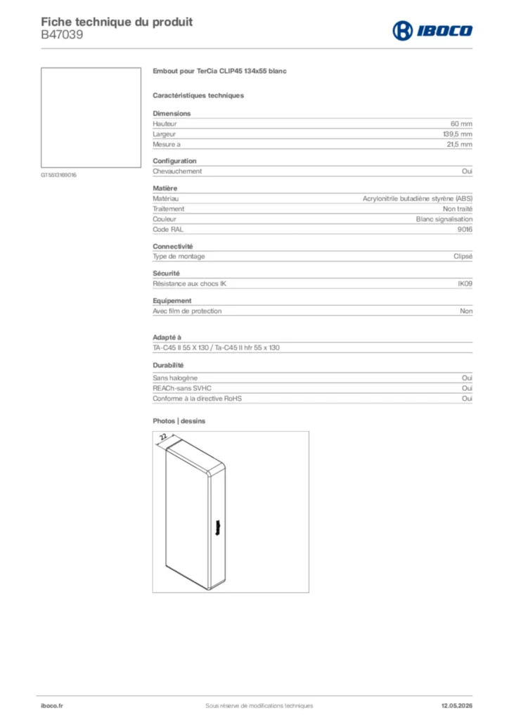 Image Iboco Fiche technique du produit B47039 | Hager France