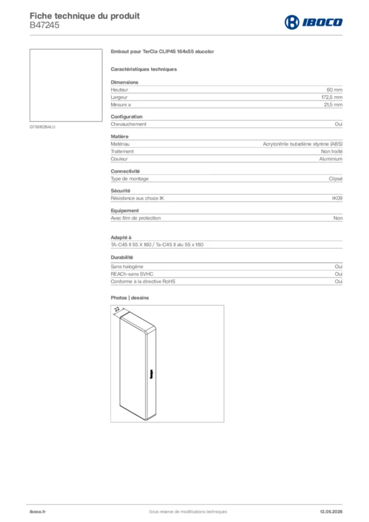 Image Iboco Fiche technique du produit B47245 | Hager France