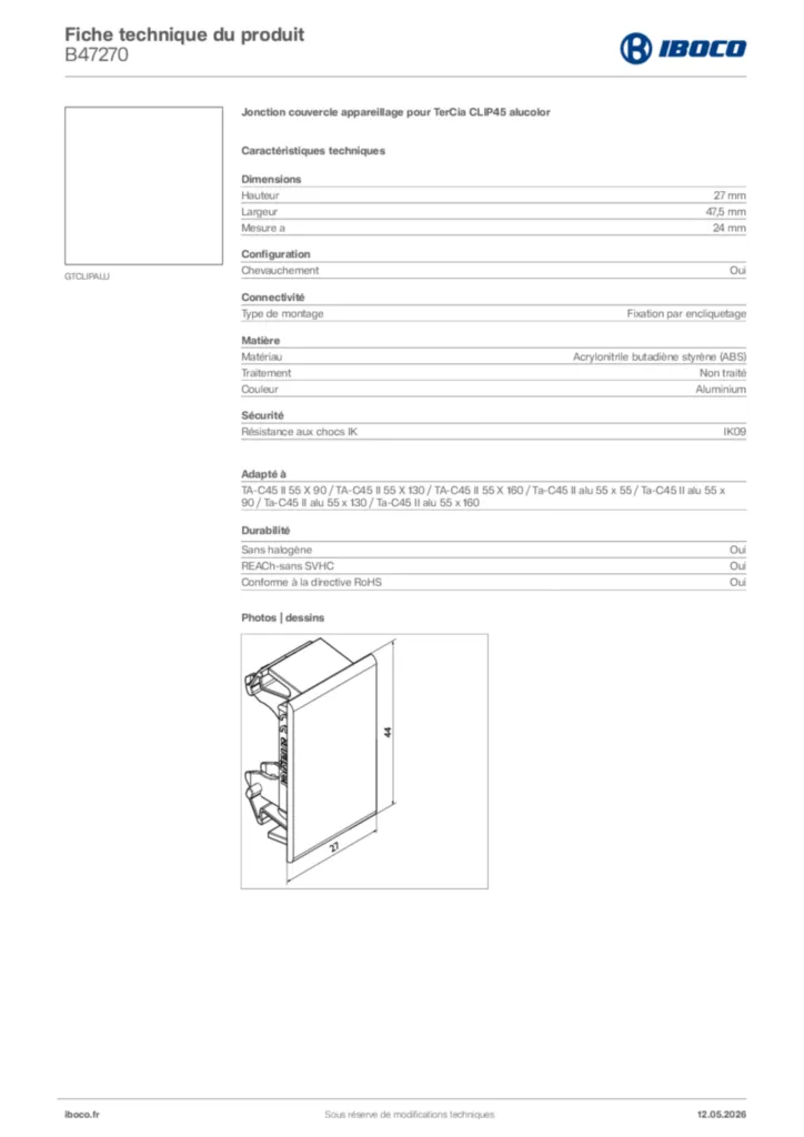 Image Iboco Fiche technique du produit B47270 | Hager France