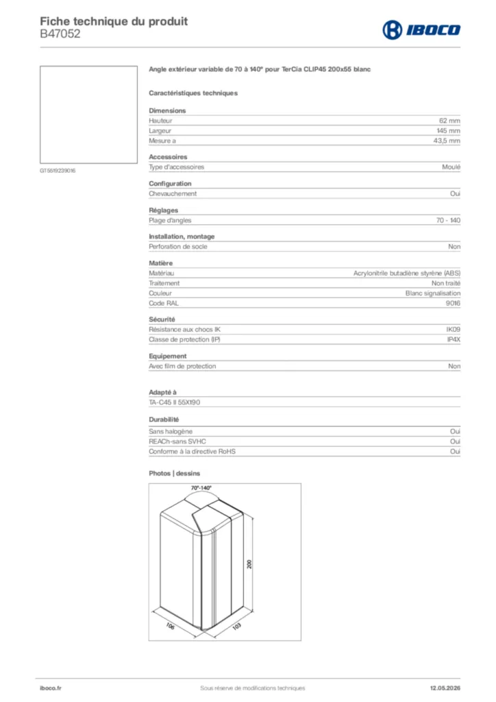 Image Iboco Fiche technique du produit B47052 | Hager France