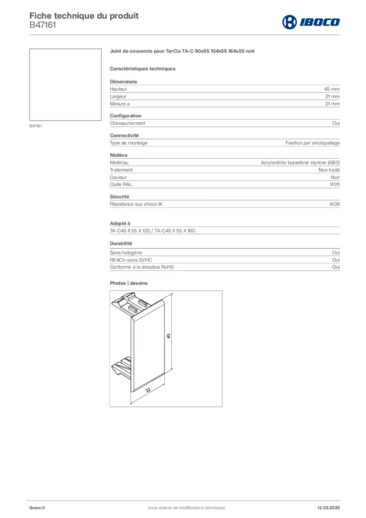 Image Iboco Fiche technique du produit B47161 | Hager France
