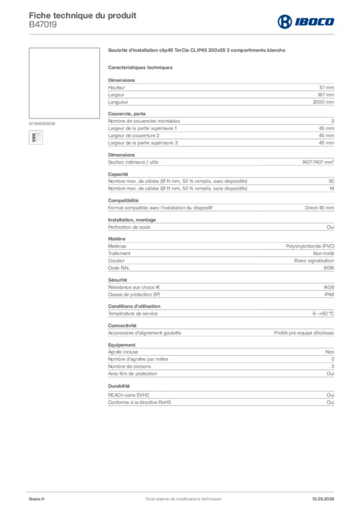 Image Iboco Fiche technique du produit B47019 | Hager France