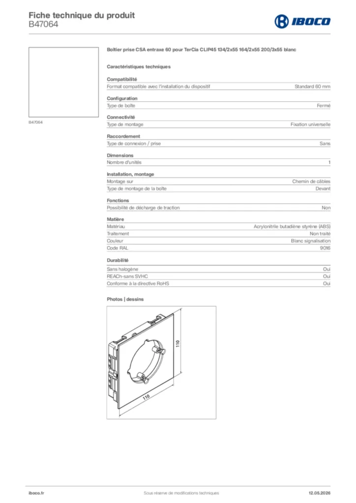 Image Iboco Fiche technique du produit B47064 | Hager France