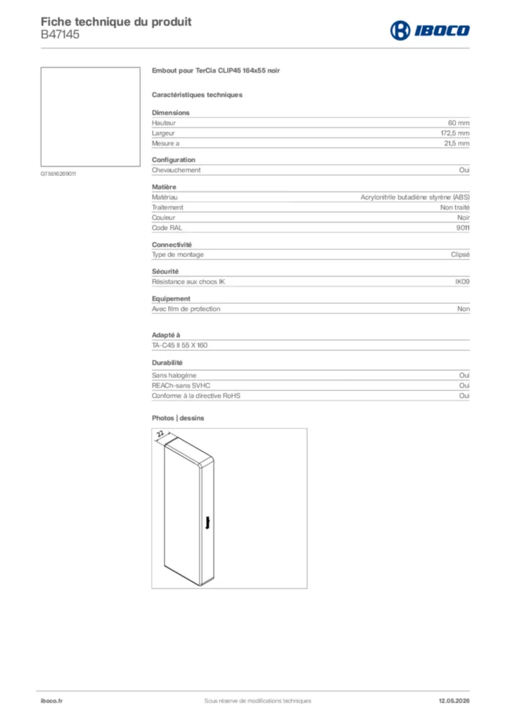 Image Iboco Fiche technique du produit B47145 | Hager France