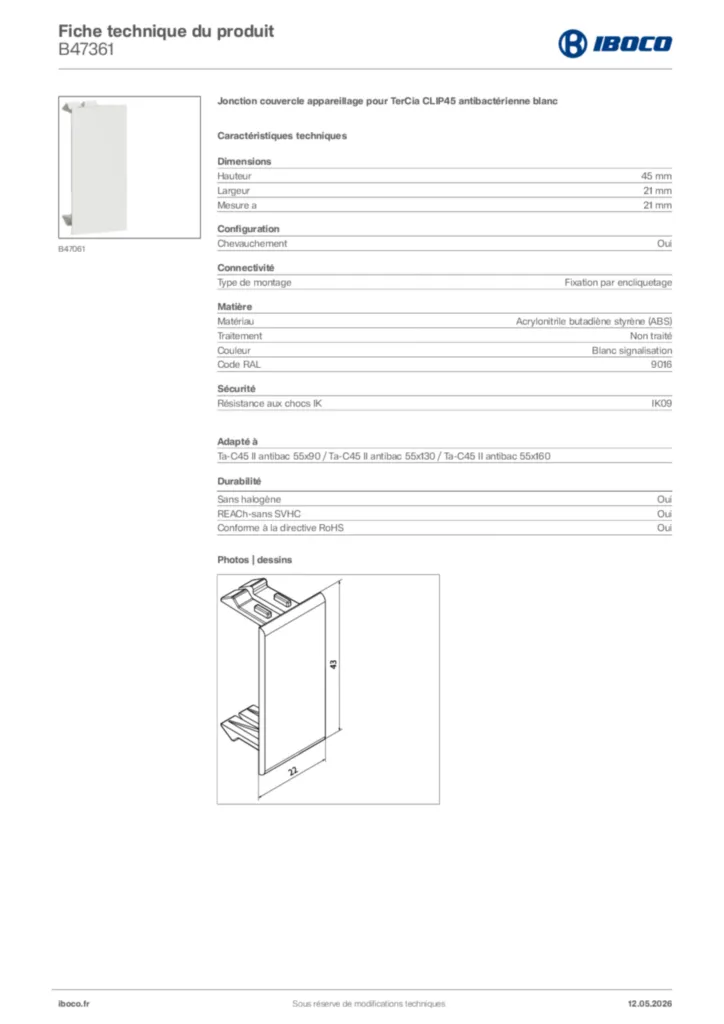 Image Iboco Fiche technique du produit B47361 | Hager France