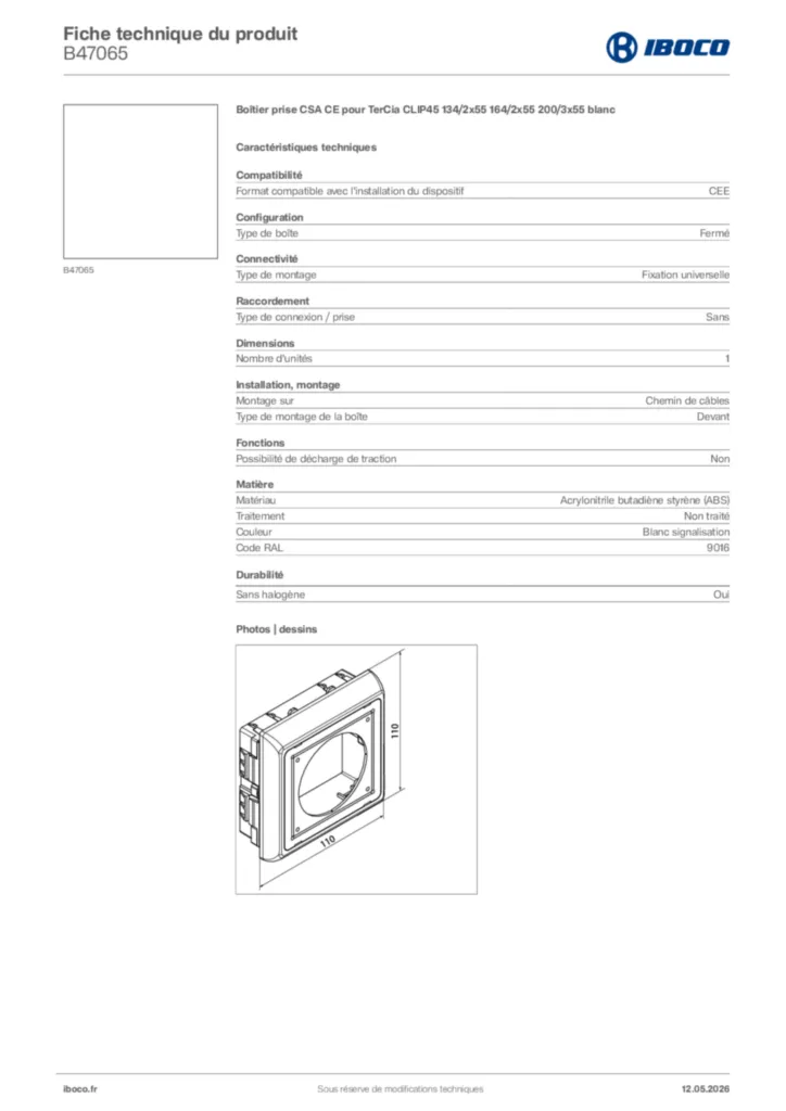 Image Iboco Fiche technique du produit B47065 | Hager France