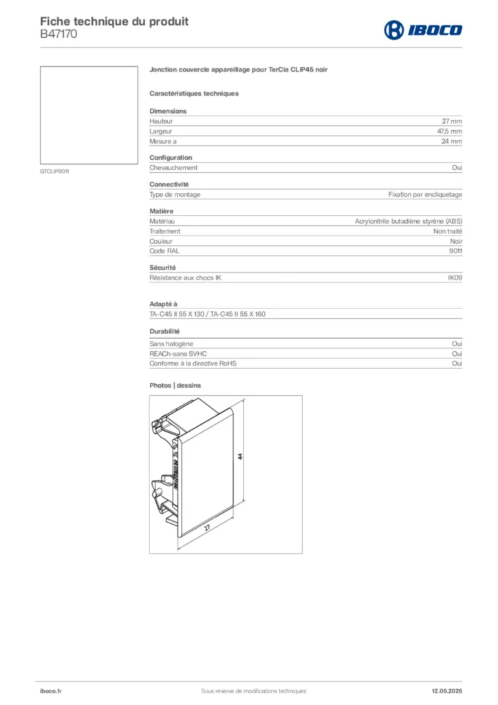 Image Iboco Fiche technique du produit B47170 | Hager France