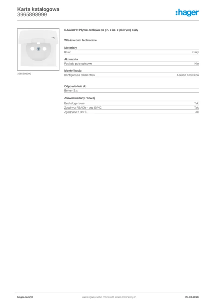 Zdjęcie Hager Karta katalogowa 3965898999 | Hager Polska