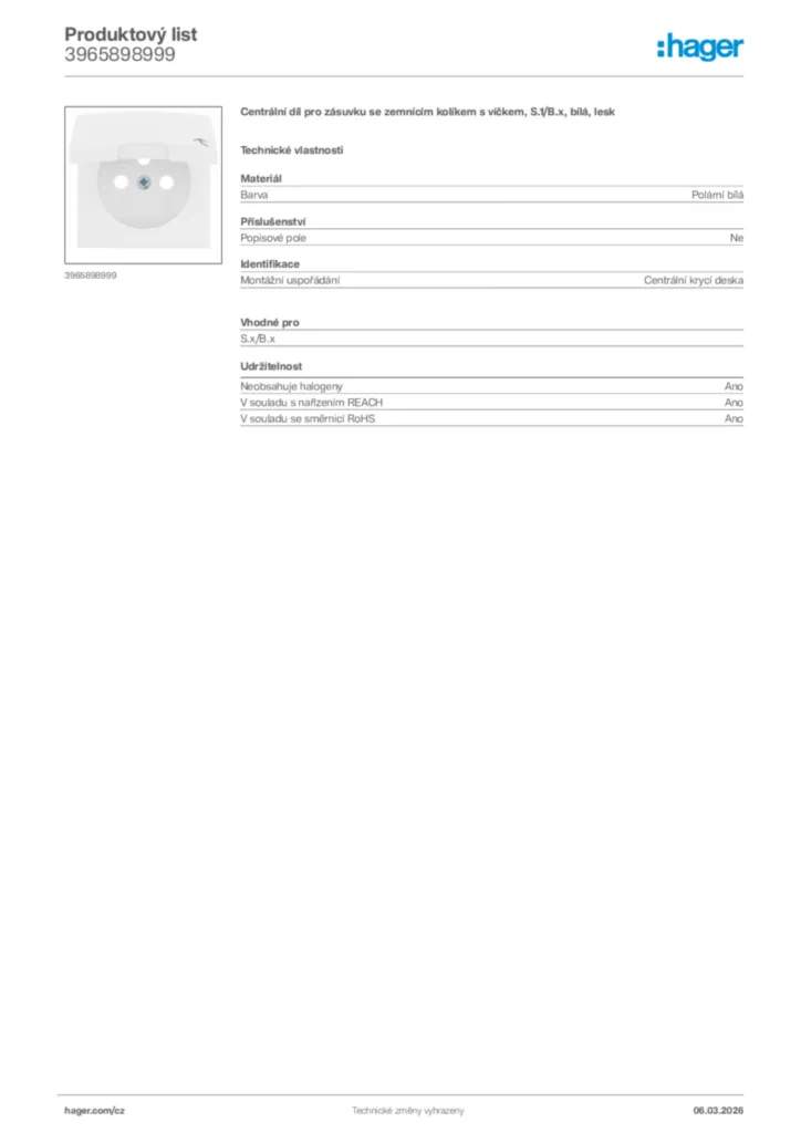 Obrázek Hager Product data sheet 3965898999 | Hager