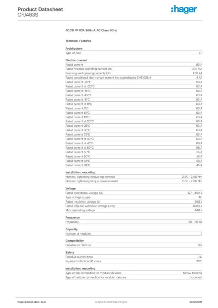 Image Hager Product data sheet CFJ463S  | Hager