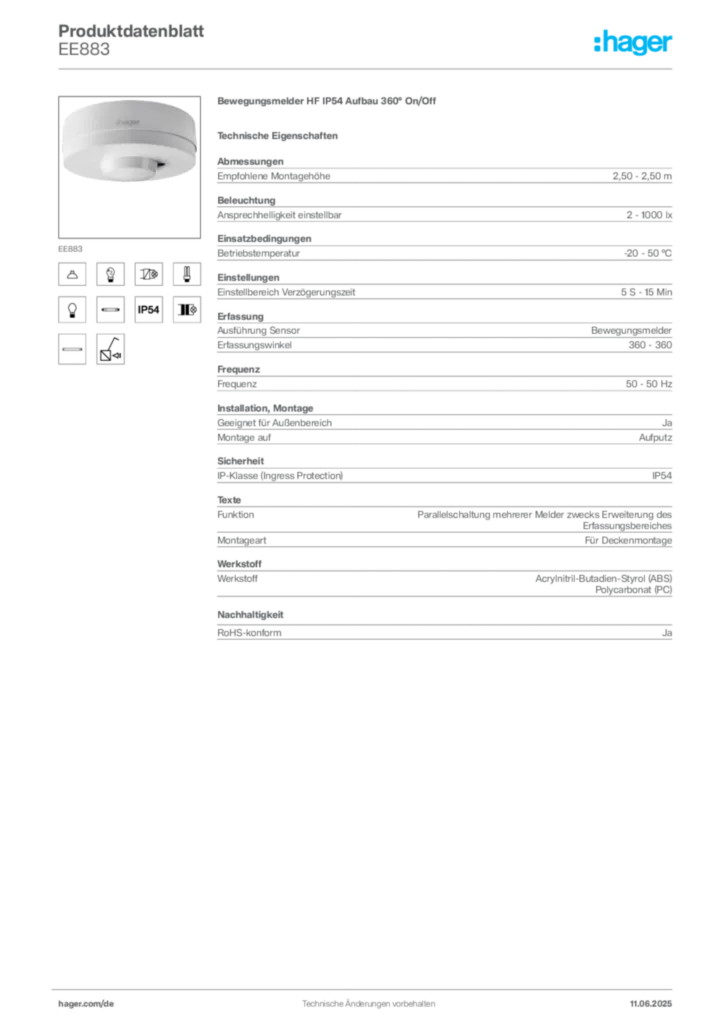 Bild Hager Produktdatenblatt EE883 | Hager Deutschland