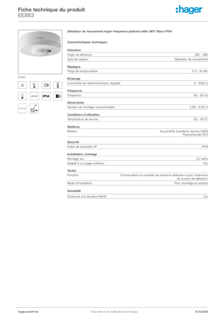Image Hager Fiche technique du produit EE883 | Hager Belgique