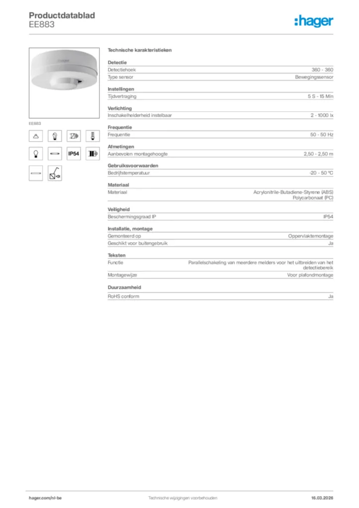 Afbeelding Hager Productdatablad EE883 | Hager Belgium