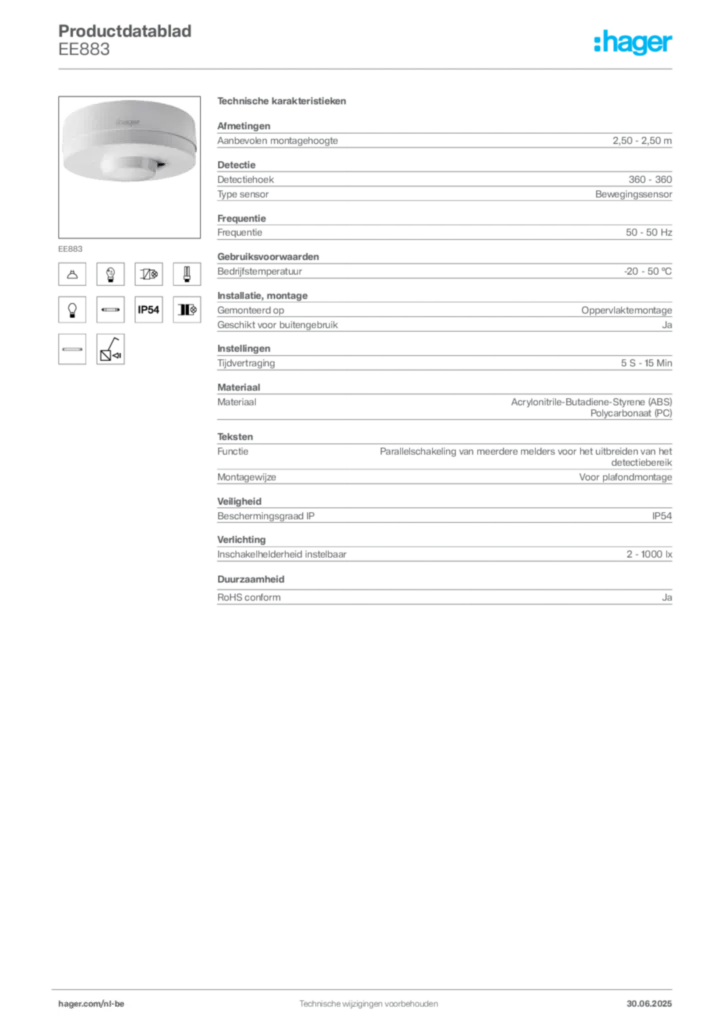 Afbeelding Hager Productdatablad EE883 | Hager Belgium