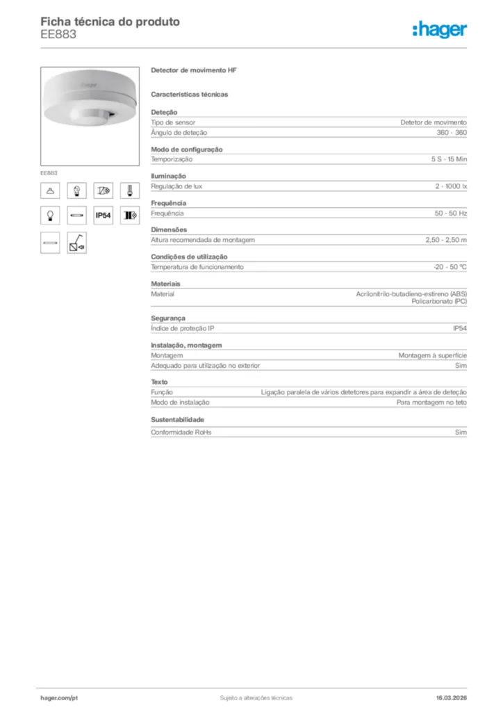 Imagem Hager Ficha técnica do produto EE883 | Hager Portugal