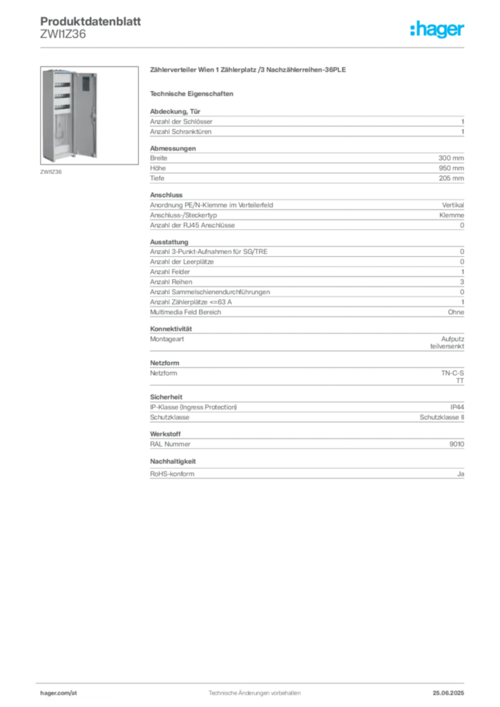 Bild Hager Produktdatenblatt ZWI1Z36 | Hager Deutschland