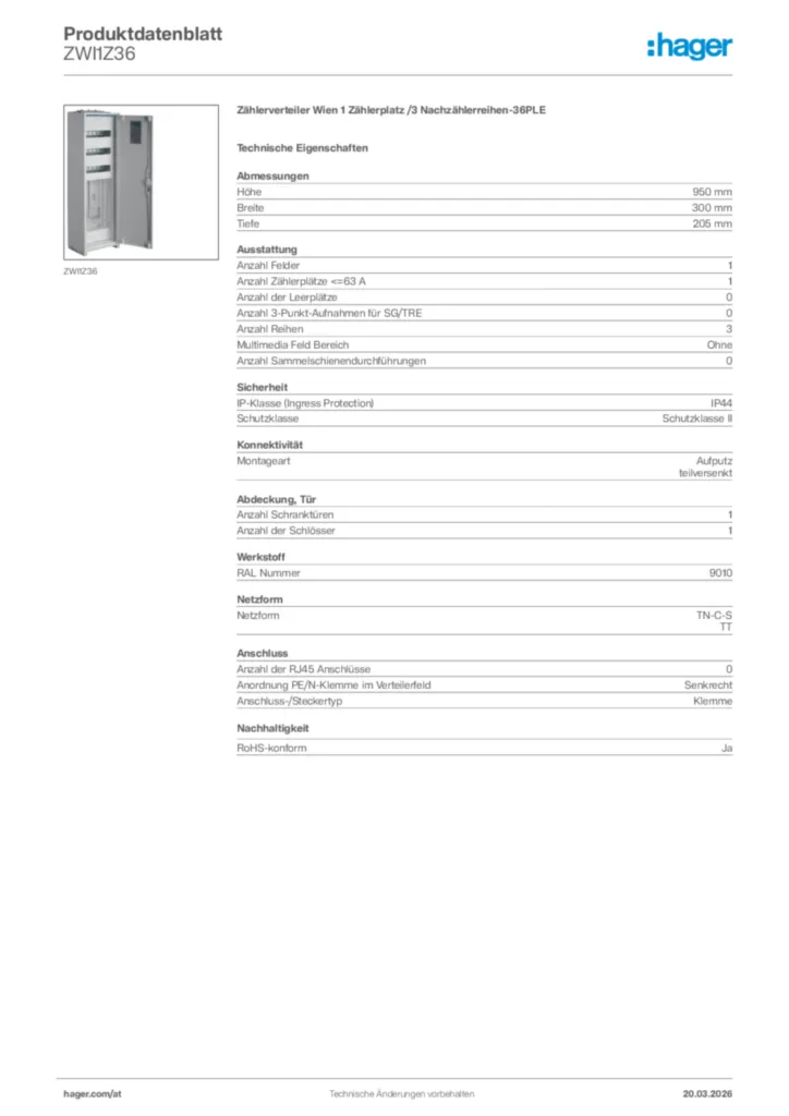 Bild Hager Produktdatenblatt ZWI1Z36 | Hager Deutschland