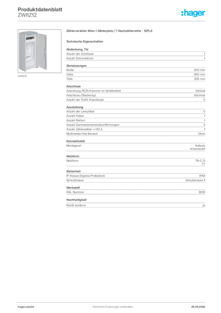Bild Hager Produktdatenblatt ZWI1Z12 | Hager Deutschland