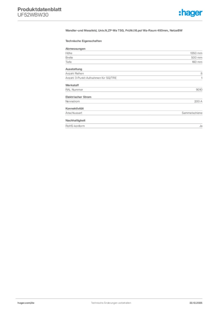 Bild Hager Produktdatenblatt UF52WBW30 | Hager Deutschland