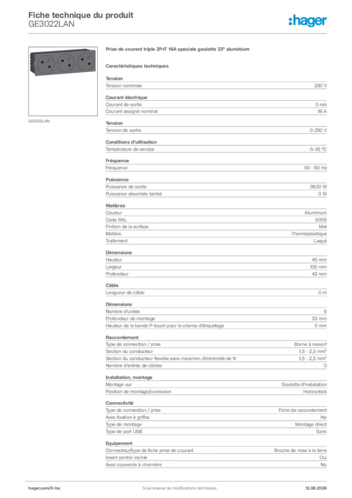 Image Hager Fiche technique du produit GE3022LAN | Hager Belgique