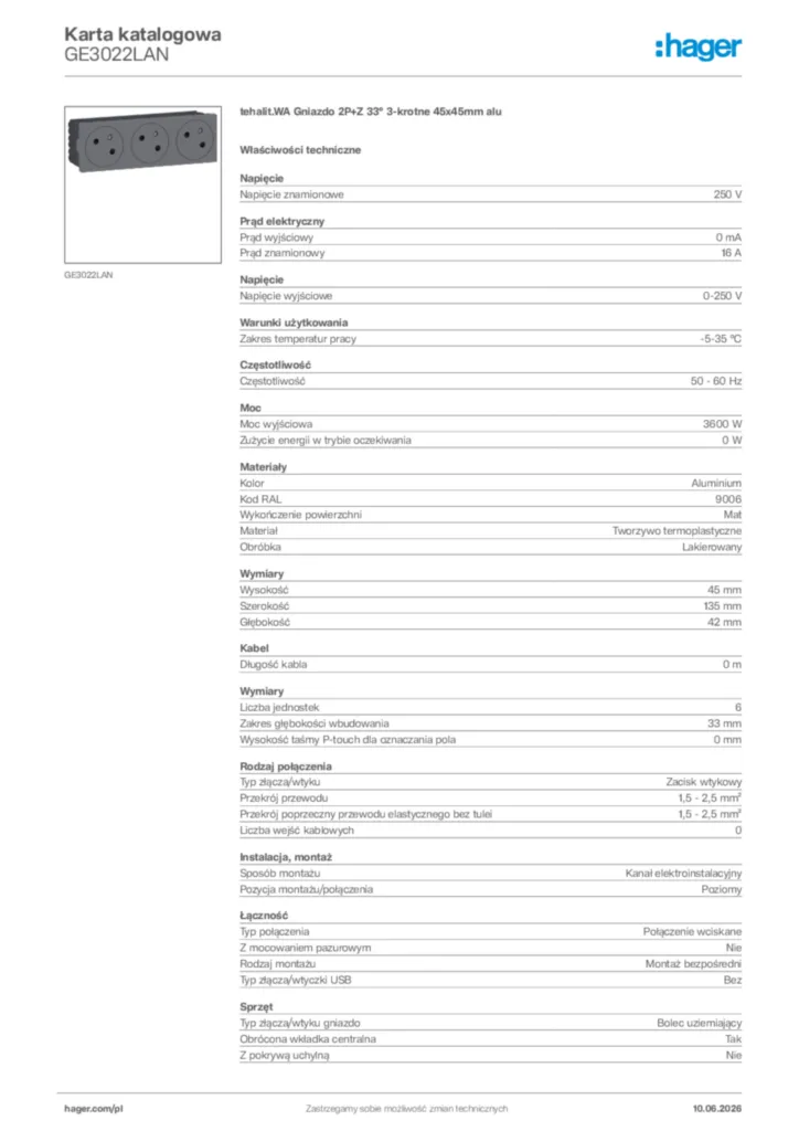 Zdjęcie Hager Karta katalogowa GE3022LAN | Hager Polska