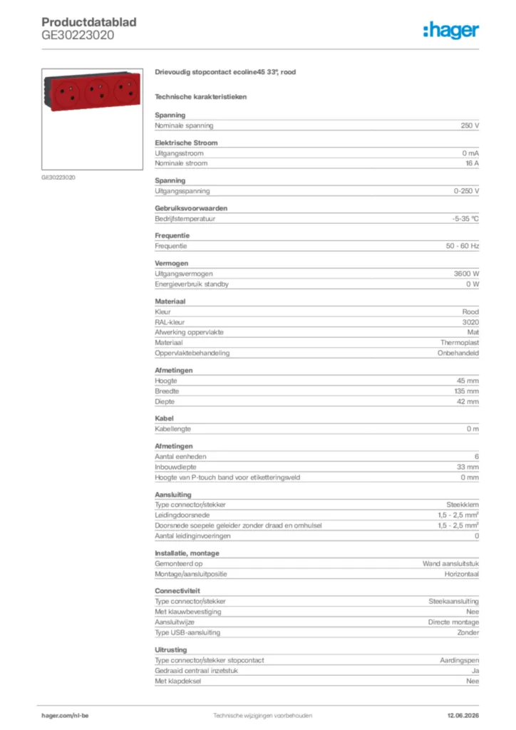 Afbeelding Hager Productdatablad GE30223020 | Hager Belgium