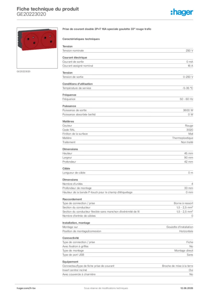 Image Hager Fiche technique du produit GE20223020 | Hager Belgique