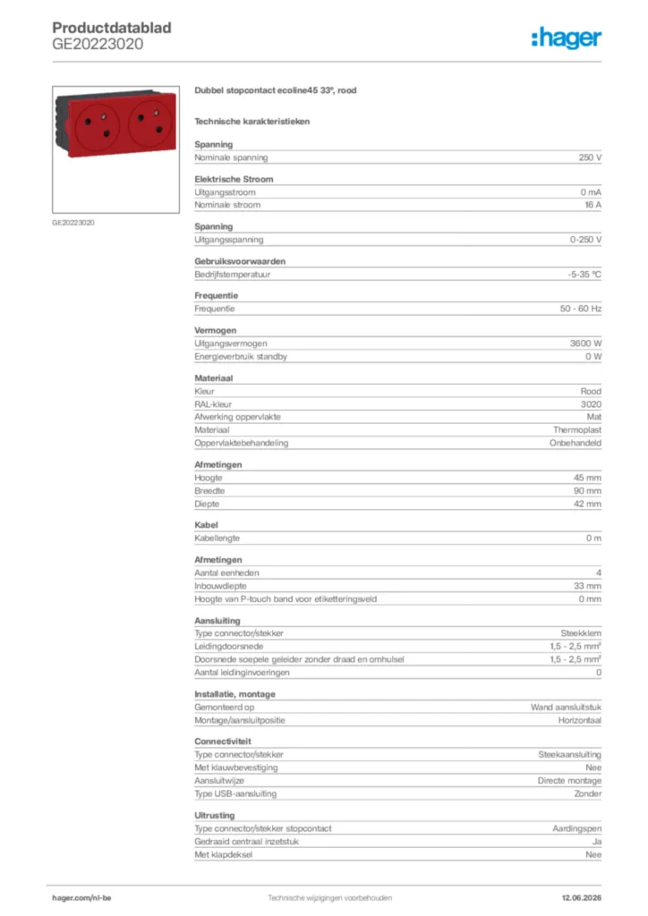 Afbeelding Hager Productdatablad GE20223020 | Hager Belgium