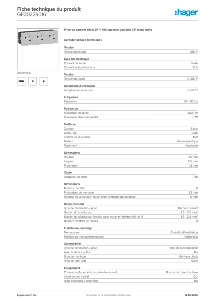 Image Hager Fiche technique du produit GE30229016 | Hager Belgique