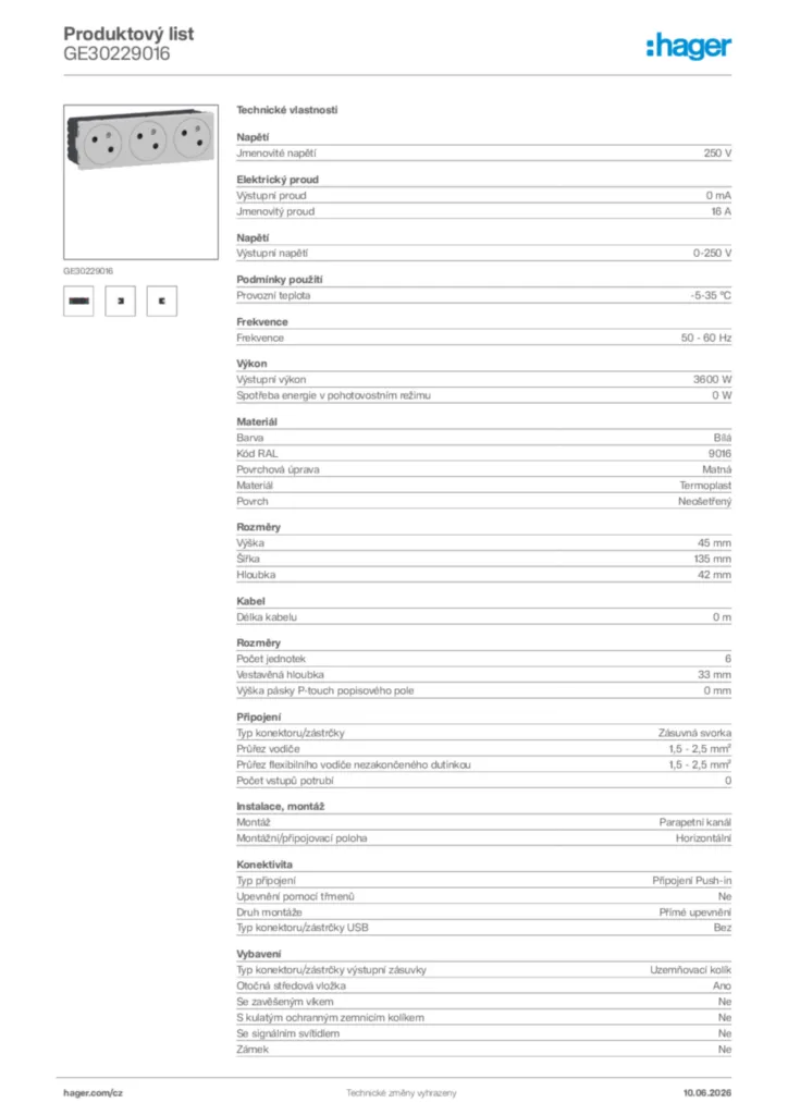 Obrázek Hager Generováno - Datový list produktu GE30229016 | Hager