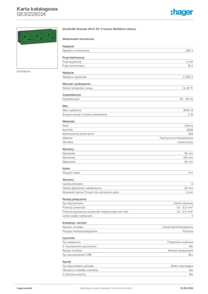 Zdjęcie Hager Karta katalogowa GE30226024 | Hager Polska