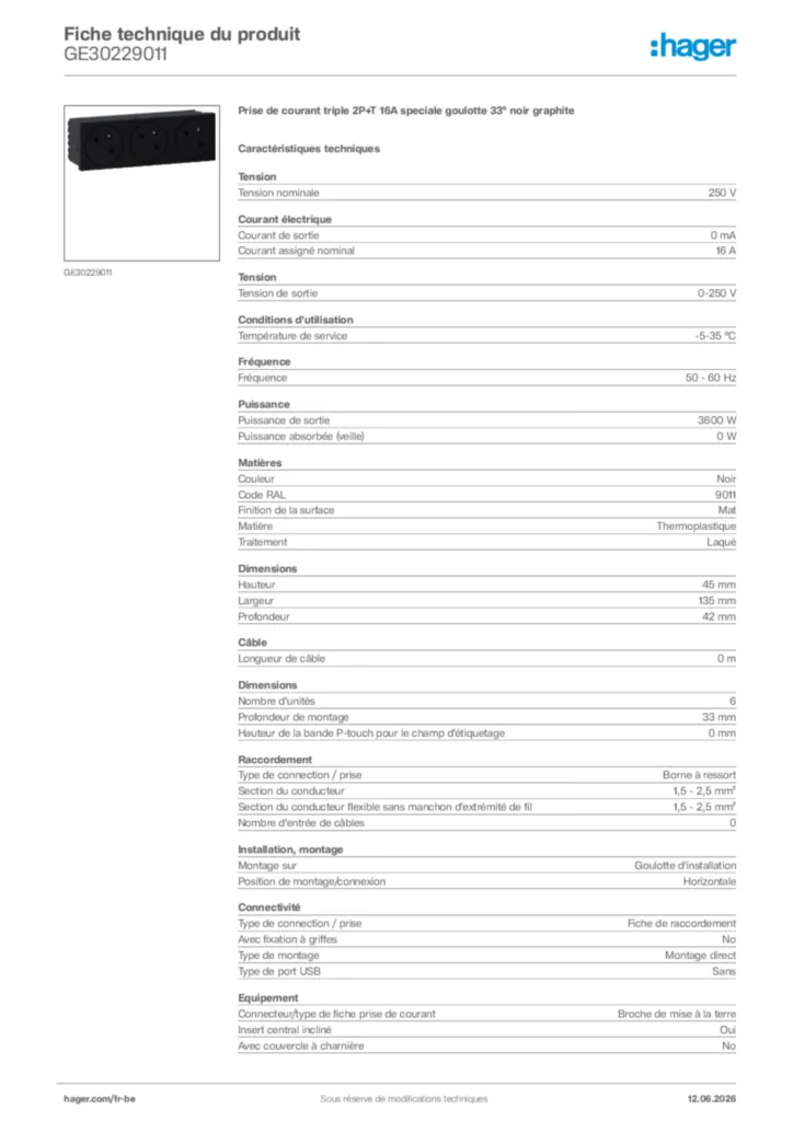 Image Hager Fiche technique du produit GE30229011 | Hager Belgique