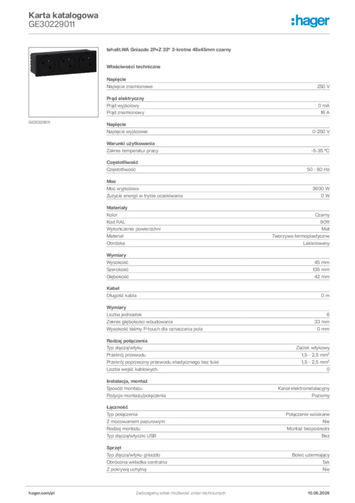 Zdjęcie Hager Karta katalogowa GE30229011 | Hager Polska