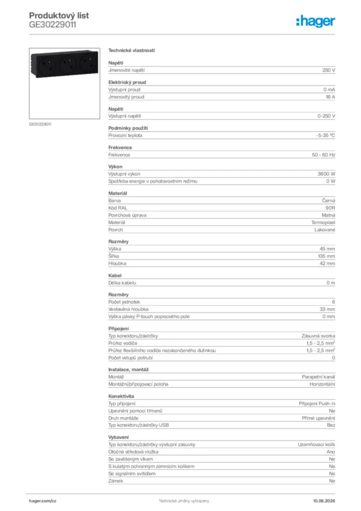 Obrázek Hager Generováno - Datový list produktu GE30229011 | Hager