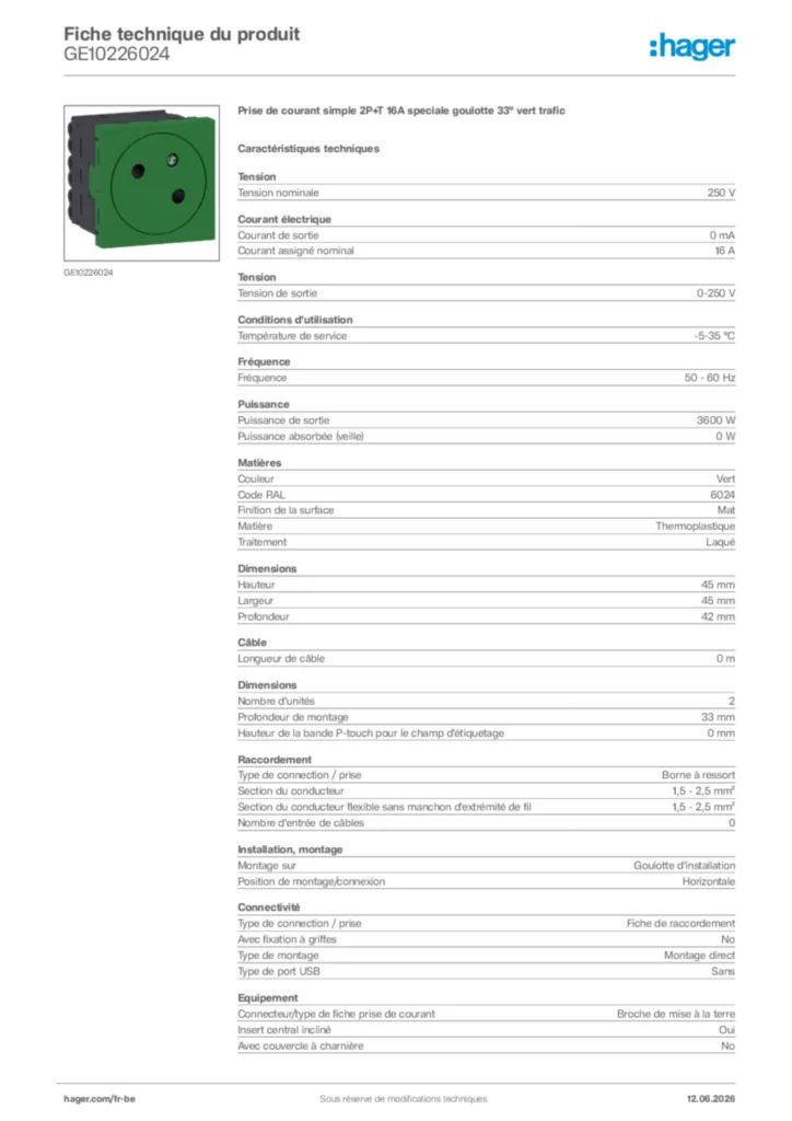 Image Hager Fiche technique du produit GE10226024 | Hager Belgique