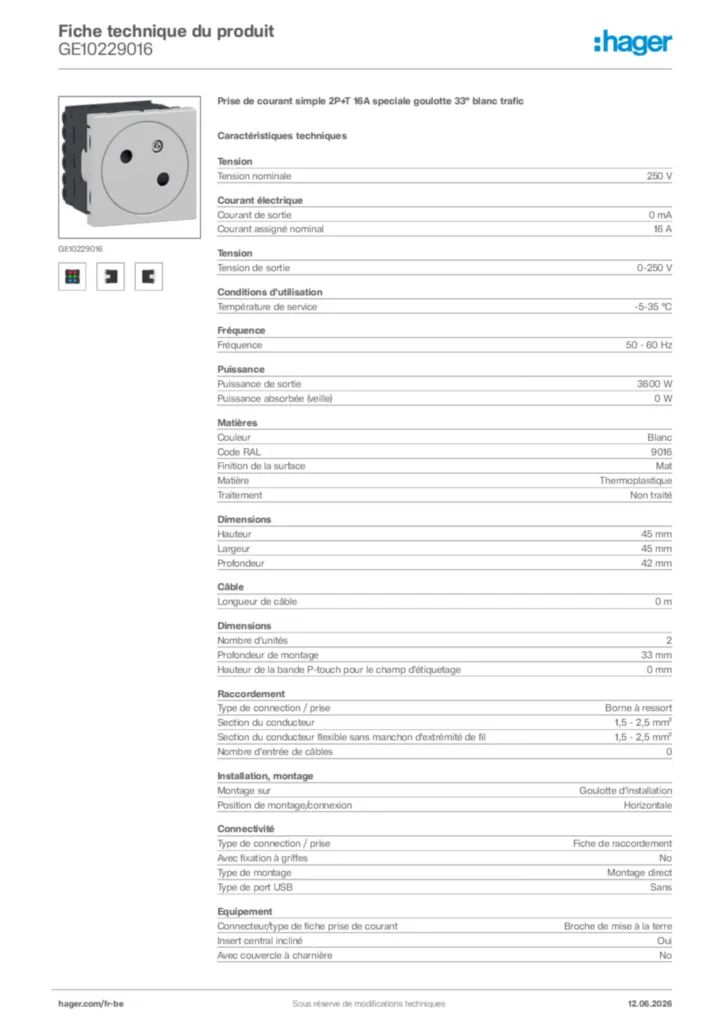 Image Hager Fiche technique du produit GE10229016 | Hager Belgique