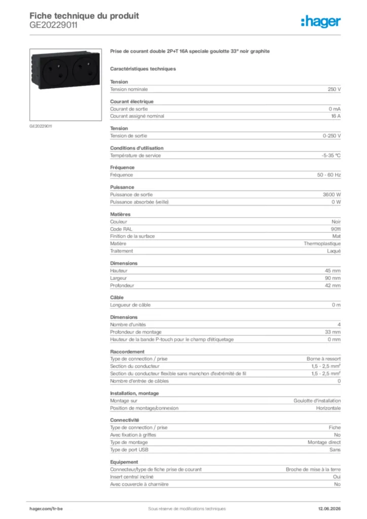 Image Hager Fiche technique du produit GE20229011 | Hager Belgique